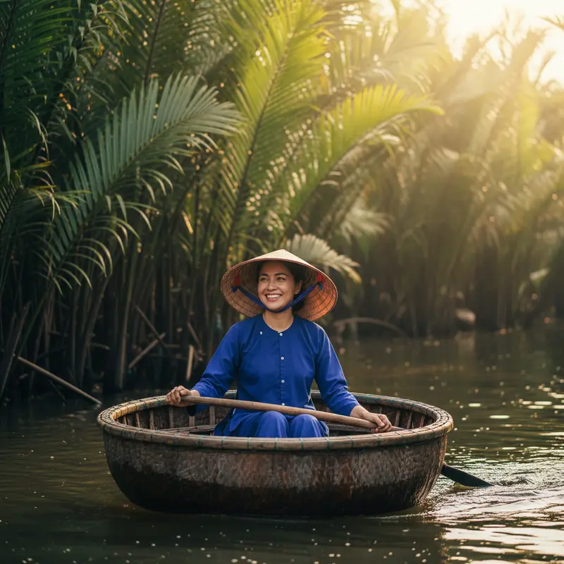 Du khách mặc áo bà ba truyền thống màu xanh lam ngồi trên thuyền thúng giữa rừng dừa nước, đội nón lá, tay cầm mái chèo, biểu cảm vui vẻ tự nhiên, ánh sáng buổi sáng ấm áp