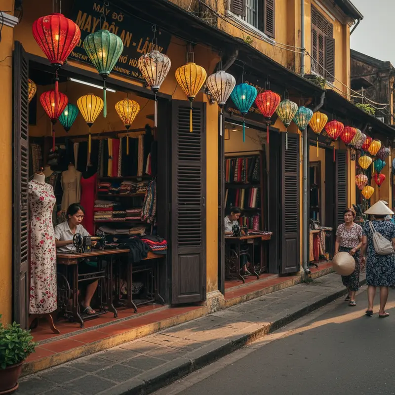 Hình ảnh khu phố cổ Hội An với hàng loạt tiệm may đồ truyền thống, đèn lồng rực rỡ, thợ may ngồi may bên cửa sổ - may đồ ở Hội An lấy ngay