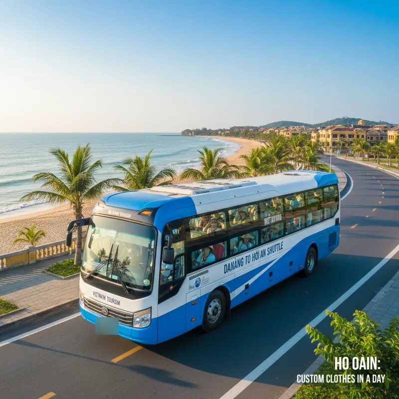 Xe đưa đón du khách từ Đà Nẵng đến phố cổ Hội An, đường ven biển Cửa Đại buổi sáng sớm - di chuyển đến Hội An may đồ lấy ngay
