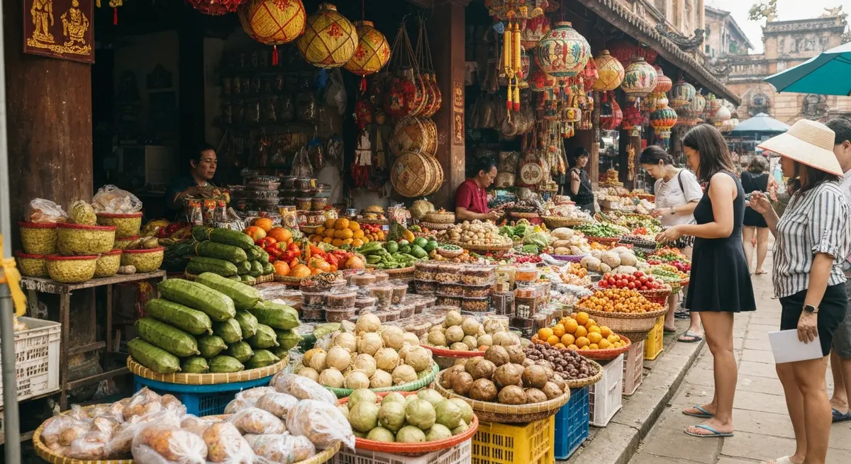 Hình ảnh toàn cảnh gian hàng đặc sản Huế tại chợ Đông Ba với mè xửng, mắm ruốc, nón lá bày bán đầy màu sắc, du khách đang chọn mua quà lưu niệm Huế