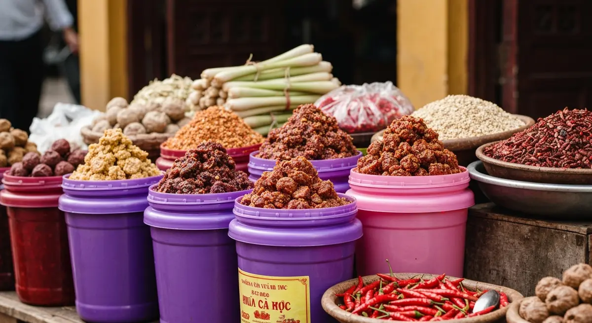 Hình ảnh các hũ mắm ruốc Huế màu tím hồng đặc trưng bày bán tại chợ Đông Ba, kèm sả ớt và gia vị truyền thống, đặc sản mắm ruốc Huế làm quà