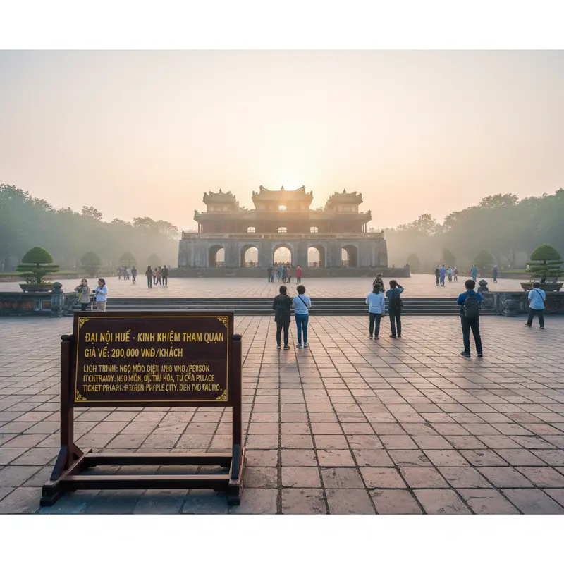Toàn cảnh Ngọ Môn nhìn từ phía trước vào buổi sáng sớm, sương mù nhẹ, du khách thưa thớt, kinh nghiệm tham quan Đại Nội Huế giá vé lịch trình