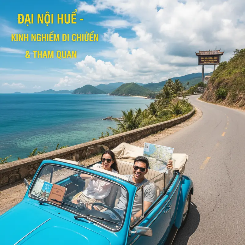 Hình ảnh xe ô tô đi qua đèo Hải Vân trên đường từ Đà Nẵng đến Huế, cảnh biển xanh phía dưới, kinh nghiệm di chuyển tham quan Đại Nội Huế