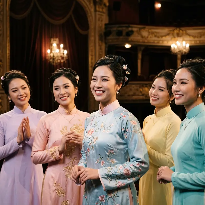 Các diễn viên trong tà áo dài thướt tha mang đậm dấu ấn văn hóa truyền thống Việt Nam tại show Ký Ức Hội An