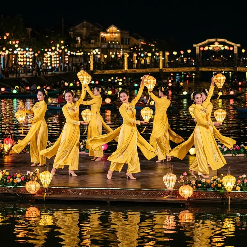 Vũ điệu đèn lồng đầy rực rỡ và lôi cuốn của hàng trăm vũ công chuyên nghiệp trên sân khấu Ký Ức Hội An