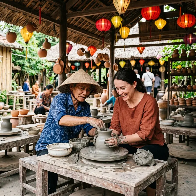 Khu trưng bày Thành phố gốm thu nhỏ tại làng Thanh Hà với mô hình Chùa Cầu và phố cổ Hội An được tái hiện tinh xảo bằng gốm nung đỏ, ánh sáng buổi sáng sớm