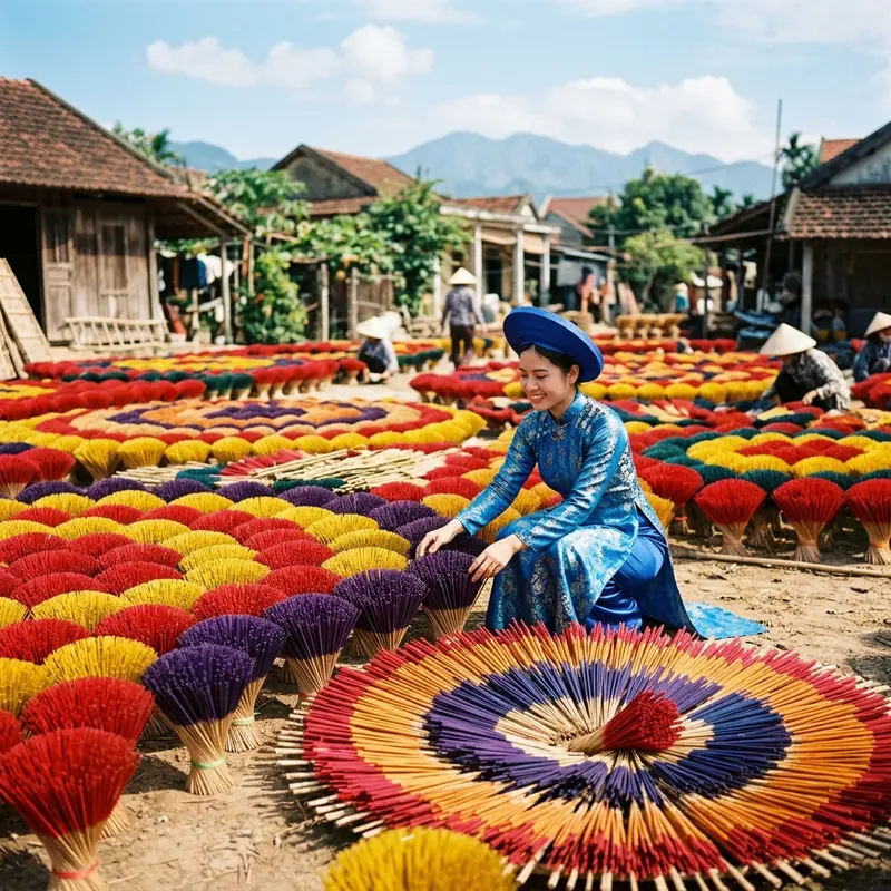 Toàn cảnh làng hương Thủy Xuân Huế với hàng nghìn que hương đỏ rực xếp thành vòng tròn lớn dưới nắng vàng, khói hương mờ ảo bao phủ không gian làng nghề truyền thống