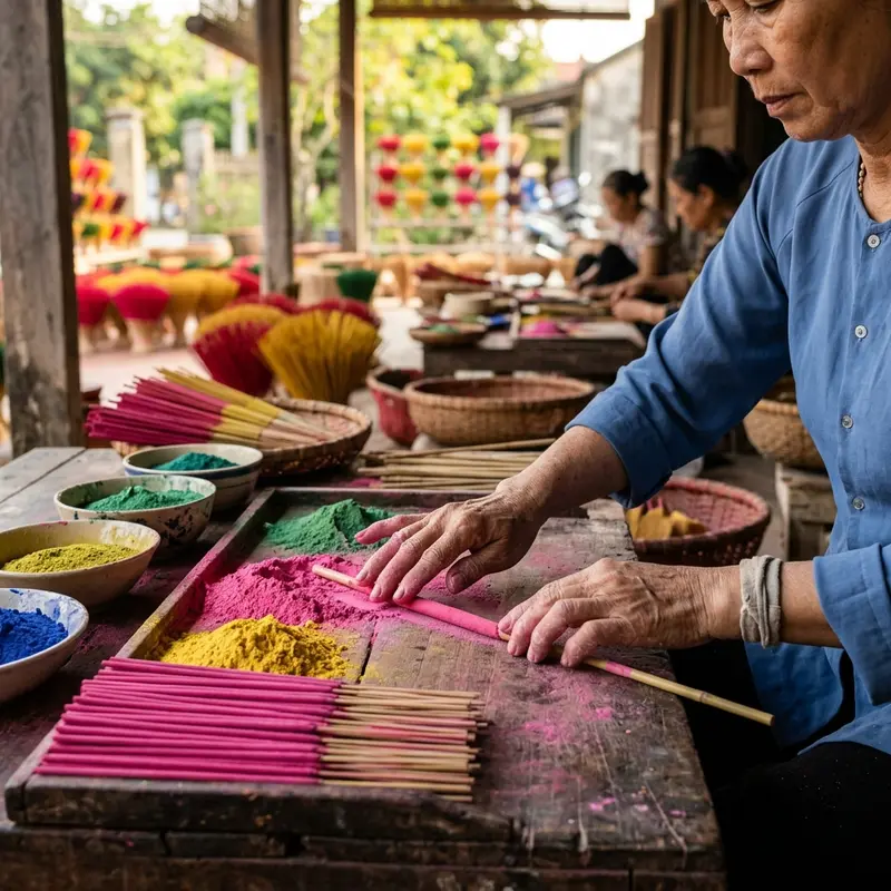 Cận cảnh những bó hương đỏ rực xếp thành hình tròn lớn tại làng hương Thủy Xuân, ánh nắng chiều tà chiếu qua tạo hiệu ứng ánh sáng vàng ấm, khói hương mờ ảo