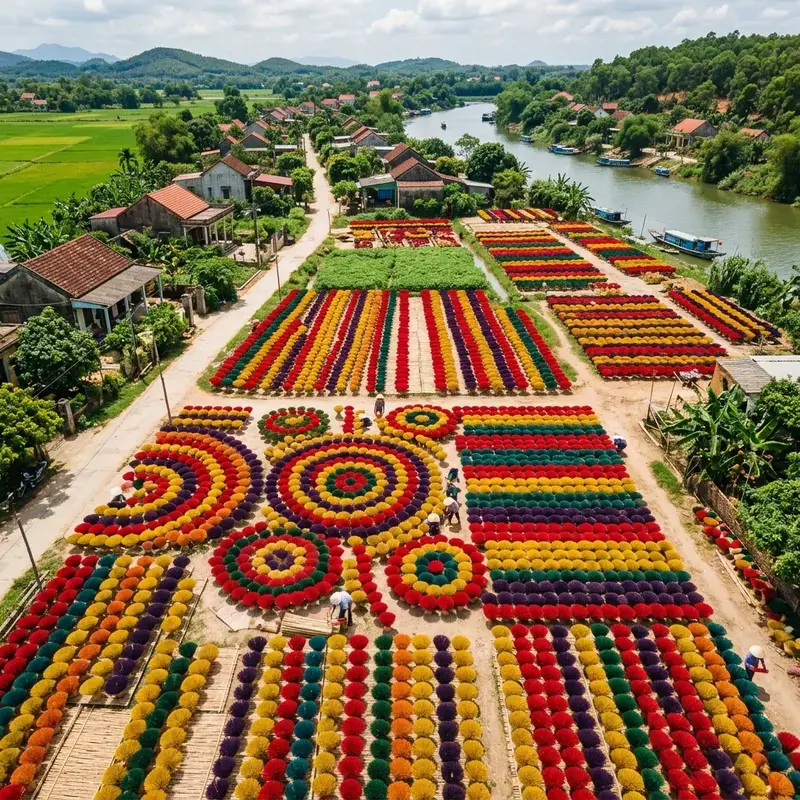 Du khách mặc áo dài truyền thống đứng giữa vòng hương tròn lớn màu đỏ tại làng hương Thủy Xuân Huế, ánh nắng ban mai chiếu vàng ấm áp, không gian làng nghề yên bình