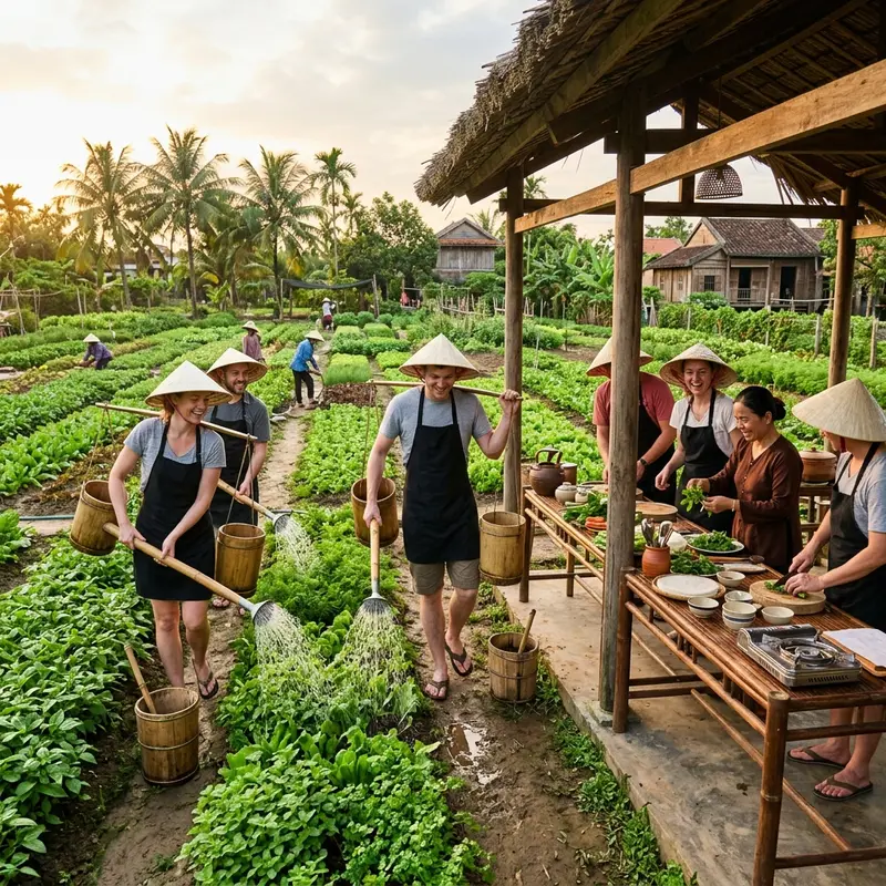 Du khách mặc áo nông dân đang học cách múc rong sông tại bờ sông Đế Võng làng Trà Quế, người hướng dẫn địa phương đội nón lá đứng bên chỉ dẫn, nền là ruộng rau xanh mướt
