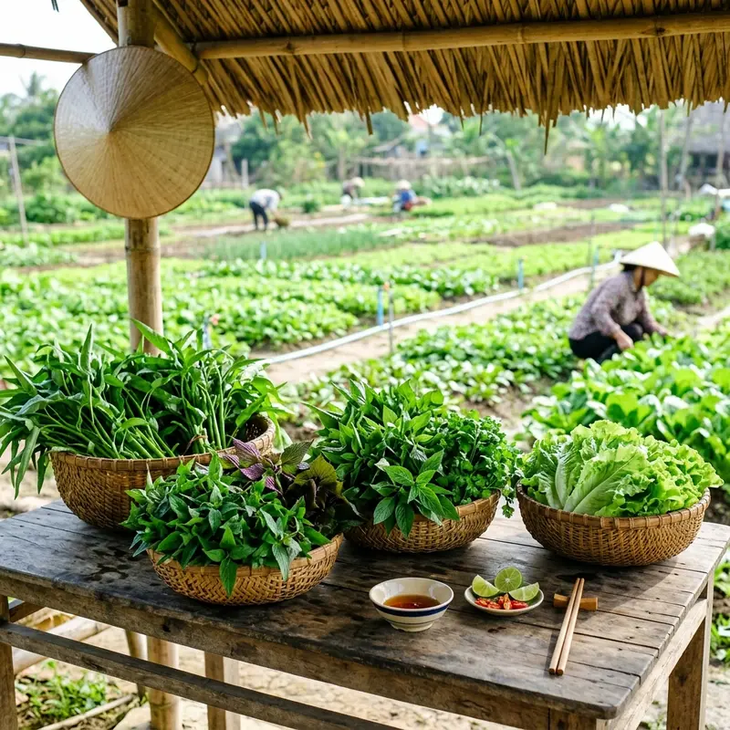 Du khách và nông dân cùng ngồi ăn bữa sáng trên chõng tre dưới mái hiên, bàn ăn có các món rau xanh vừa nấu từ vườn Trà Quế, không khí ấm cúng và bình dị