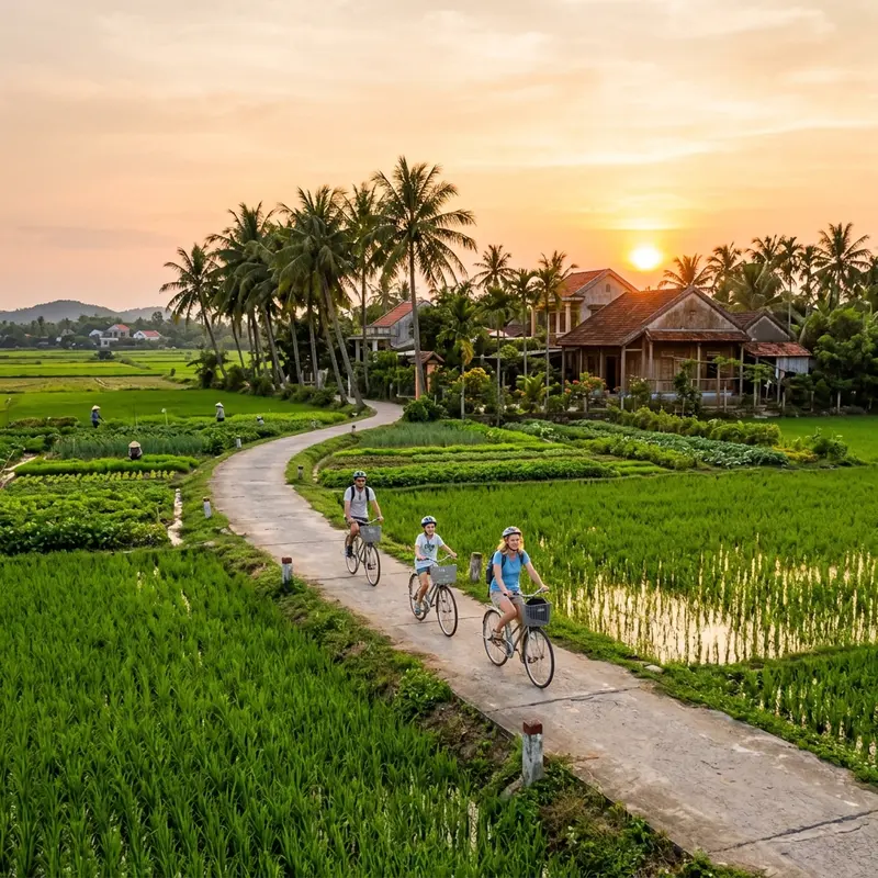 Góc chụp từ trên cao xuống những luống rau Trà Quế thẳng tắp xen kẽ nhau với nhiều màu xanh khác nhau, bờ sông Đế Võng và làng mạc xung quanh hiện ra trong buổi sáng sớm