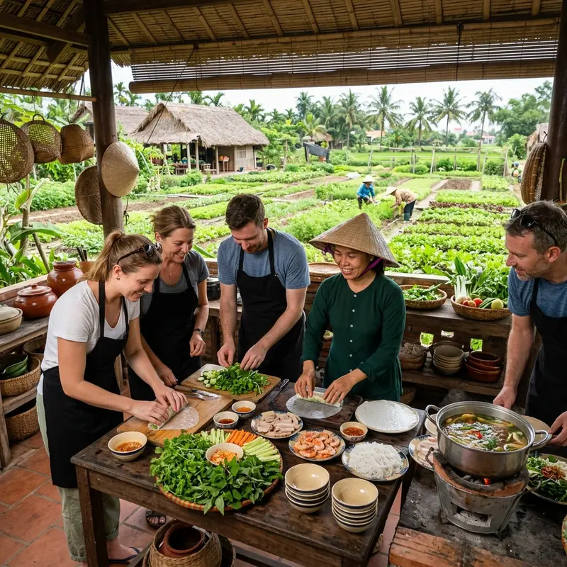 Quầy bán rau tươi và các sản phẩm thảo mộc tại cổng làng Trà Quế, nông dân địa phương bày bán các bó rau thơm xanh tươi với bảng giá viết tay, không khí chợ quê bình dị