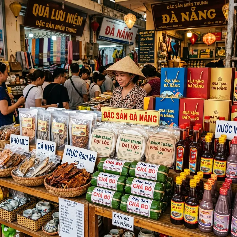 Hình ảnh các loại đặc sản Đà Nẵng được bày bán tại chợ Hàn - bánh khô mè, mực khô, nước mắm Nam Ô, tôm chua - màu sắc phong phú, không khí chợ truyền thống sôi động