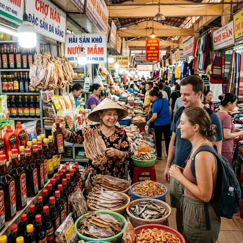 Hình ảnh mực khô một nắng được phơi trên giàn tại làng chài Nam Ô Đà Nẵng, ánh nắng vàng buổi sáng, ngư dân đang làm việc phía sau
