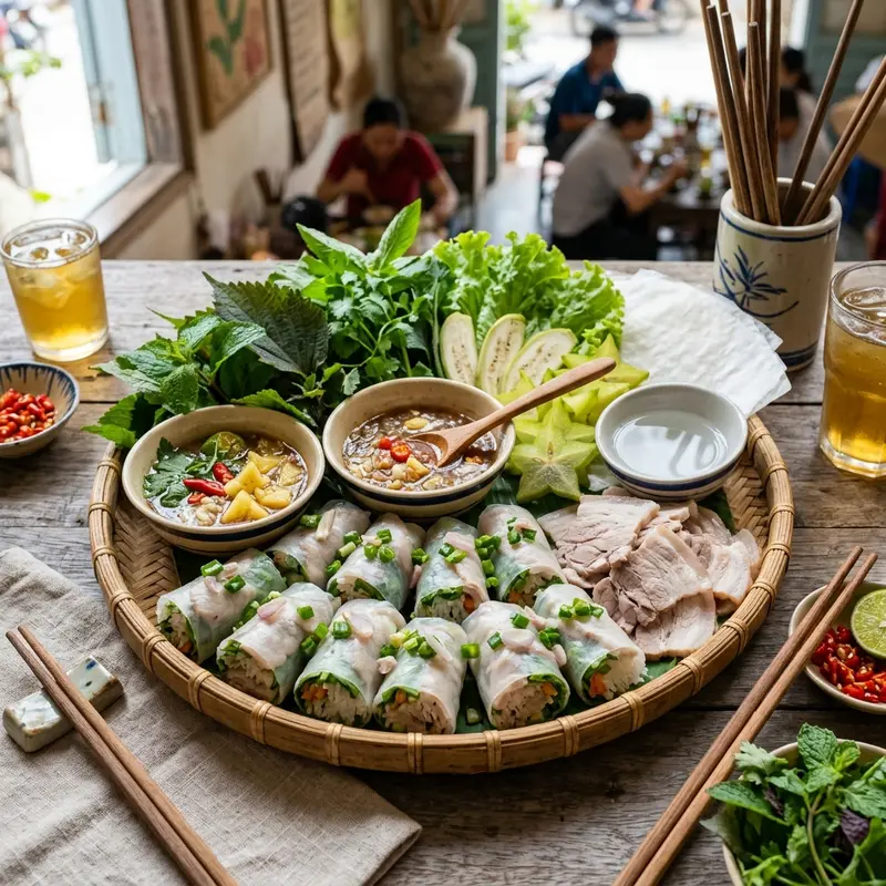 Hình ảnh các gói mì Quảng khô, bánh tráng Túy Loan, nước mắm Nam Ô được xếp gọn gàng trong giỏ quà, nền gỗ ấm cúng, phong cách quà tặng truyền thống