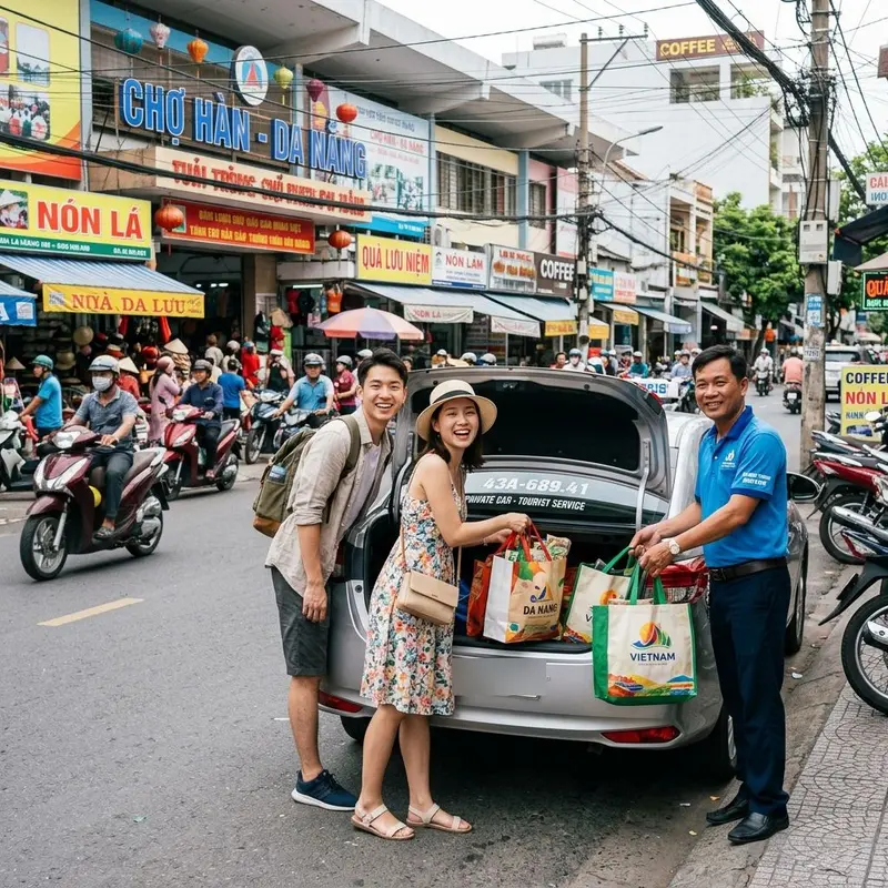 Hình ảnh xe ô tô du lịch sang trọng của Faifo Express đậu trước chợ Hàn Đà Nẵng, tài xế mặc đồng phục lịch sự đứng cạnh xe, du khách đang bước xuống với túi quà trên tay