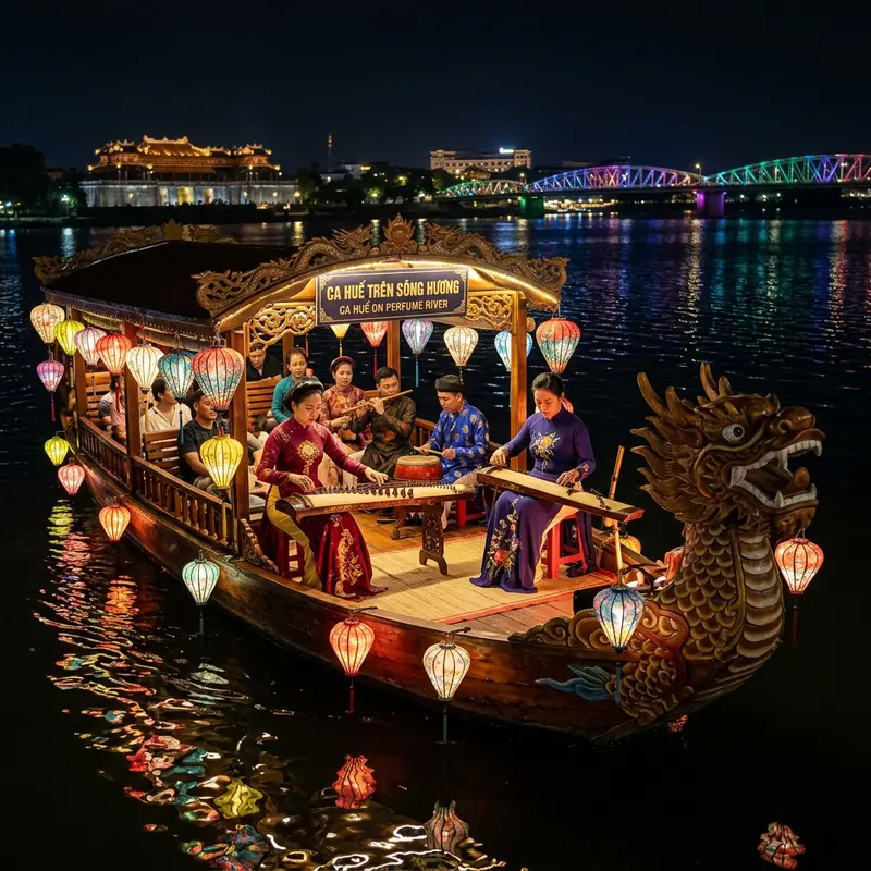 Hình ảnh thuyền rồng trên sông Hương về đêm với ánh đèn lồng vàng rực, các nghệ nhân ca Huế mặc áo dài biểu diễn, phản chiếu lung linh trên mặt nước