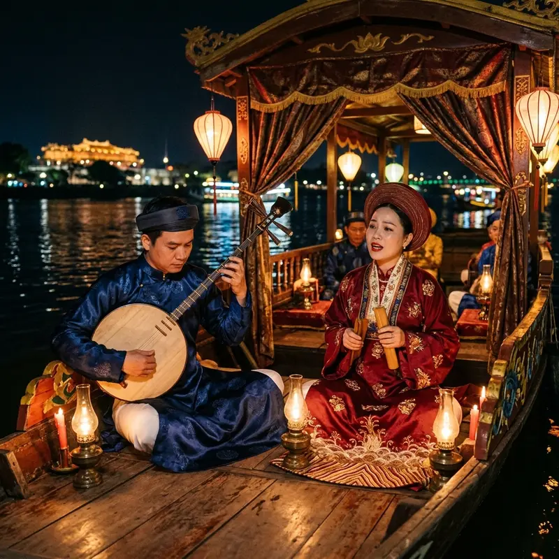 Cận cảnh nghệ nhân ca Huế mặc áo dài truyền thống đang gảy đàn tranh trên thuyền rồng, ánh đèn lồng vàng ấm chiếu lên khuôn mặt tập trung và những ngón tay điêu luyện