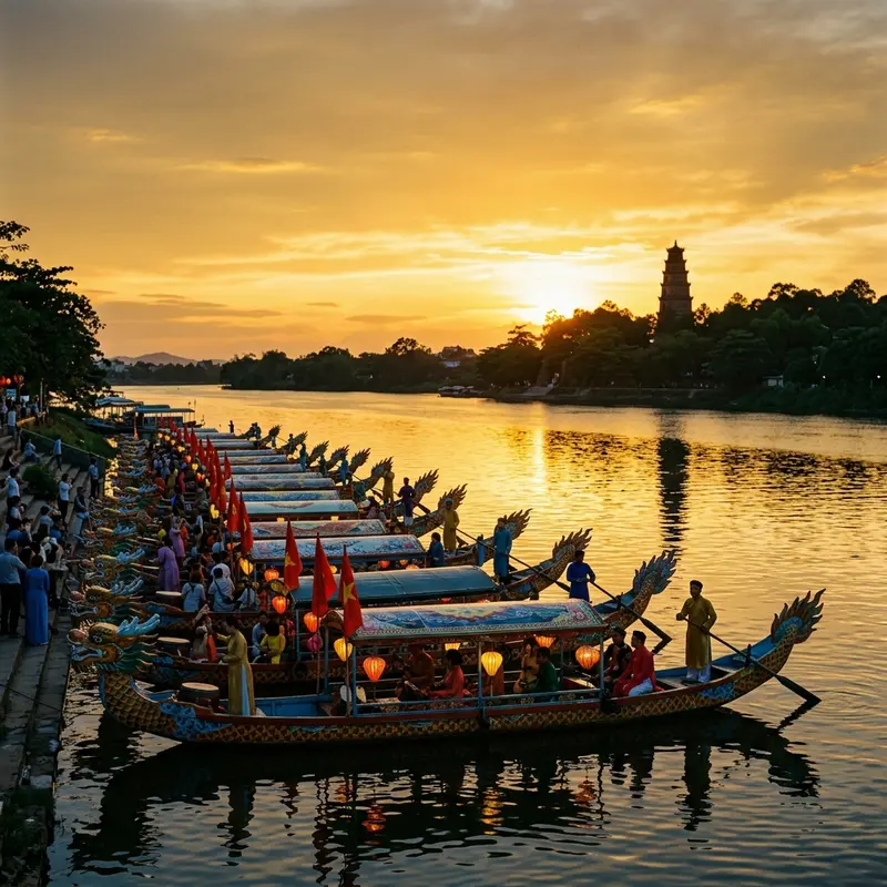 Toàn cảnh bến thuyền Tòa Khâm buổi tối với hàng thuyền rồng đèn lồng rực rỡ, cầu Trường Tiền sáng đèn phía xa, dòng người du khách đang lên thuyền