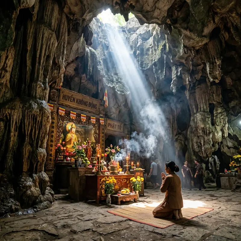 Bên trong Động Huyền Không Ngũ Hành Sơn, các tia nắng vàng xuyên qua lỗ thủng trên vòm đá chiếu xuống tượng Phật và bàn thờ, khói nhang mờ ảo tạo không gian huyền bí linh thiêng