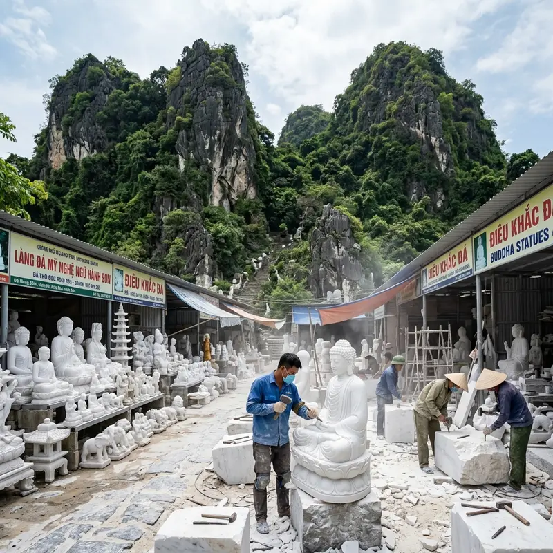 Du khách đang leo bậc thang đá rêu phong dẫn lên Chùa Tam Thai Ngũ Hành Sơn, hai bên là cây cổ thụ tỏa bóng mát, ánh sáng buổi sáng lọc qua tán lá tạo không gian thơ mộng