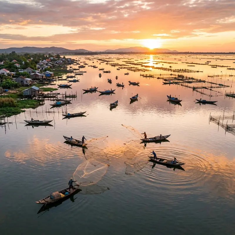 Bình minh trên Phá Tam Giang với những chiếc thuyền ngư dân và lưới đánh cá trải dài trên mặt nước lợ, sương mù bao phủ tạo nên khung cảnh huyền ảo đặc trưng của đầm phá lớn nhất Đông Nam Á