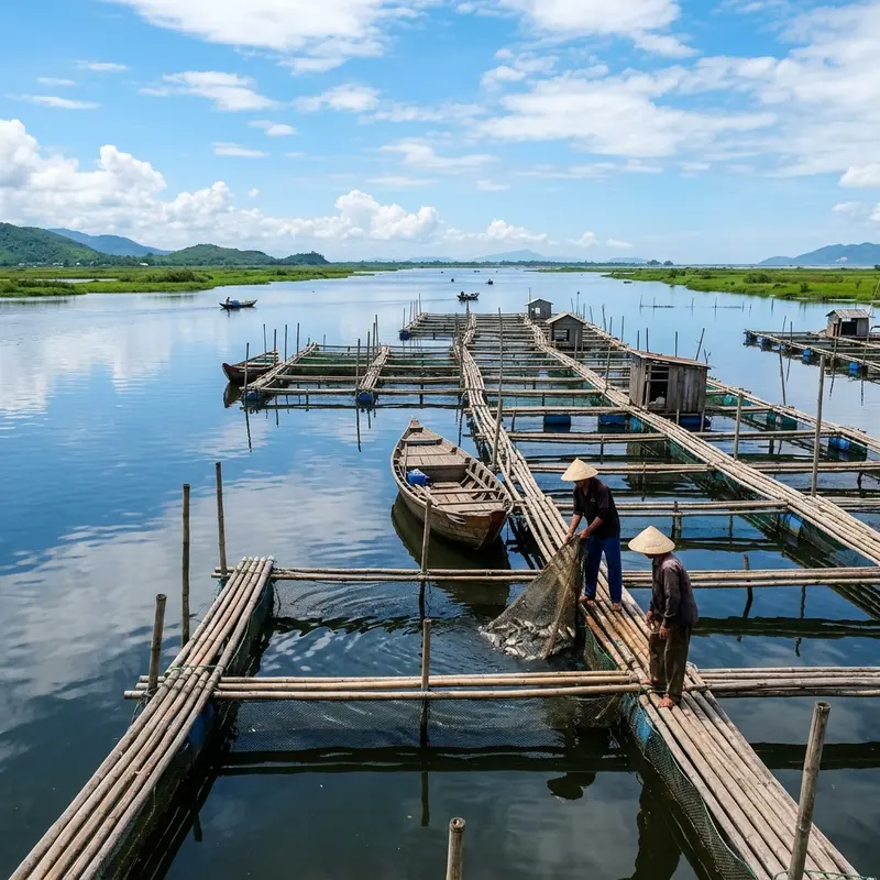 Xe du lịch đỗ bên bờ Phá Tam Giang lúc bình minh, du khách chuẩn bị lên thuyền khám phá đầm phá nước lợ lớn nhất Đông Nam Á tại Thừa Thiên Huế