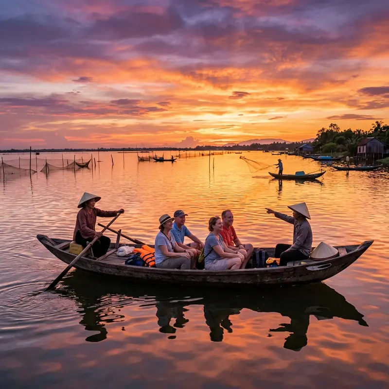 Du khách đạp xe trên con đê nhỏ dọc theo Phá Tam Giang lúc hoàng hôn, một bên là mặt nước lợ mênh mông và thuyền đánh cá, một bên là ruộng lúa xanh mướt của vùng đầm phá Thừa Thiên Huế