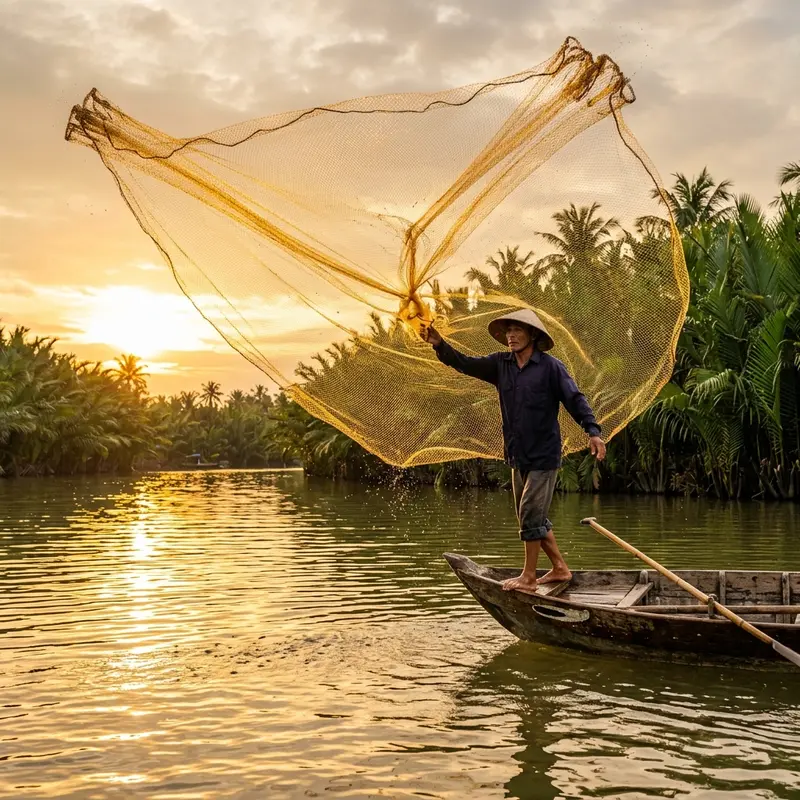 Người dân bản địa biểu diễn kỹ nghệ quăng lưới đánh cá nghệ thuật tuyệt mỹ trên dòng sông Đế Võng