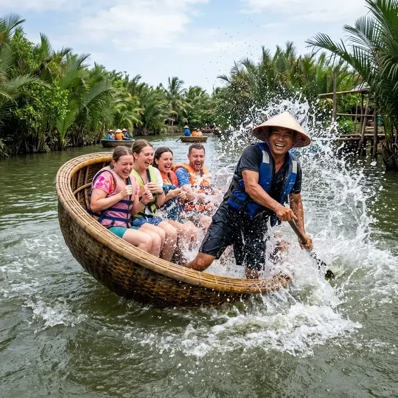 Du khách thích thú trải nghiệm màn múa thúng chai xoay vòng vô cùng độc đáo tại Rừng Dừa Bảy Mẫu
