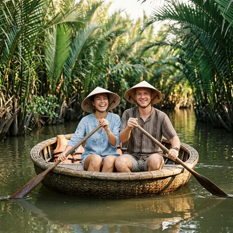 Nụ cười rạng rỡ của du khách nước ngoài khi trải nghiệm chuyến đi thuyền thúng khám phá rừng dừa miền Tây giữa lòng miền Trung
