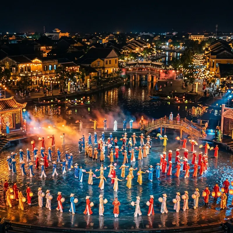 Toàn cảnh sân khấu ngoài trời khổng lồ của show Ký Ức Hội An về đêm, ánh đèn lung linh phản chiếu xuống mặt nước, hàng trăm diễn viên đang biểu diễn, khán giả ngồi kín khán đài