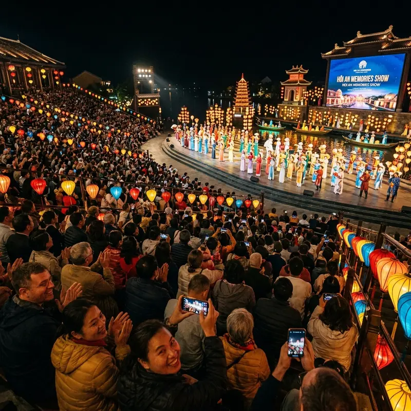 Khu vực trải nghiệm văn hóa trước show tại Đảo Ký Ức, du khách đang thử làm đèn lồng Hội An cùng nghệ nhân, không khí ấm cúng dưới ánh đèn vàng
