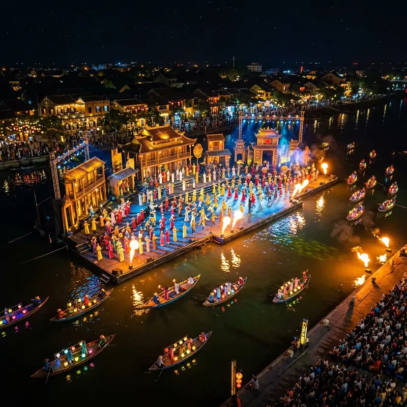 Sân khấu nước ngoạn mục của show Ký Ức Hội An với thuyền đánh cá truyền thống, hiệu ứng lửa và ánh sáng rực rỡ phản chiếu trên mặt nước