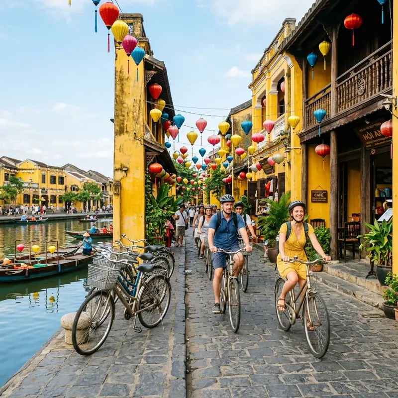 Cánh đồng lúa vàng óng tại vùng ven Hội An vào mùa thu hoạch, ánh nắng buổi sáng sớm chiếu nghiêng qua những bông lúa cúi đầu, phía xa là bóng dừa nước và mái nhà tranh - kinh nghiệm thuê xe đạp dạo quanh Hội An ngắm cảnh đồng quê