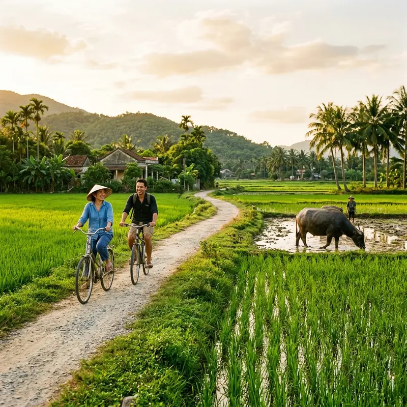 Con đường đất đỏ nhỏ hẹp xuyên qua cánh đồng lúa xanh mướt tại Cẩm Thanh, Hội An, một người đạp xe đạp cổ điển màu xanh đi về phía trước, hai bên là lúa cao ngang ngực - cảnh đồng quê Hội An từ xe đạp