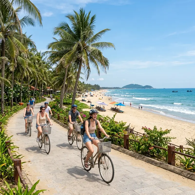 Bàn ăn ngoài trời tại một quán nhỏ ven đường đồng quê Hội An, đĩa cơm gà vàng ươm thơm phức, bát hến trộn rau thơm và bánh đập giòn rụm, khung cảnh xanh mát của vườn cây xung quanh