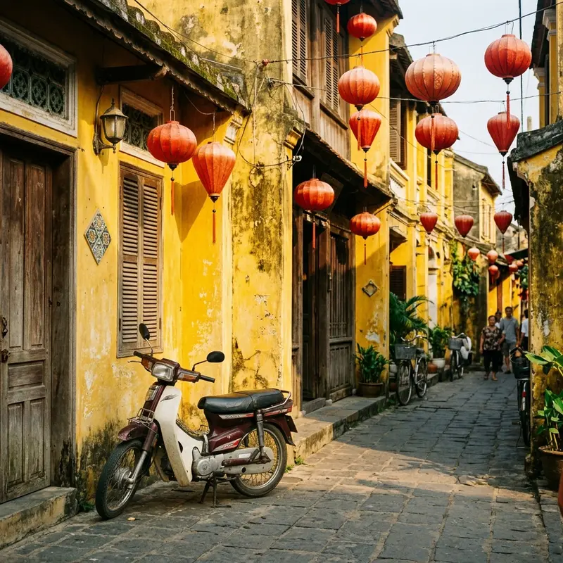 Xe máy đỗ bên bức tường vàng phố cổ Hội An với đèn lồng đỏ