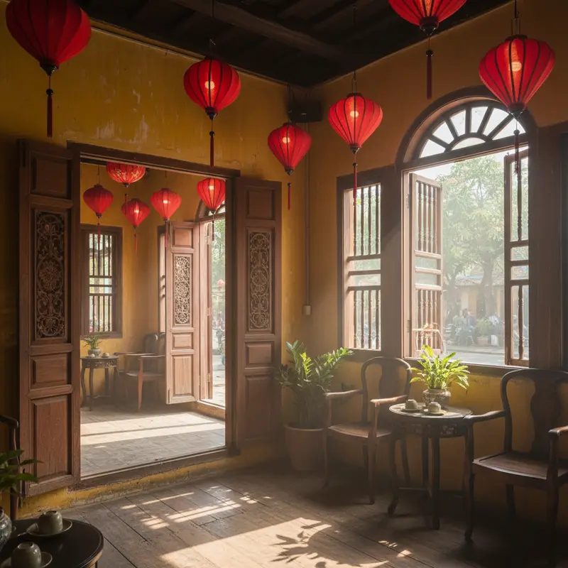 Không gian nội thất quán cafe cổ điển Hội An với tường vôi vàng, cửa gỗ nâu, đèn lồng đỏ và ánh sáng tự nhiên buổi sáng xuyên qua ô cửa sổ cổ