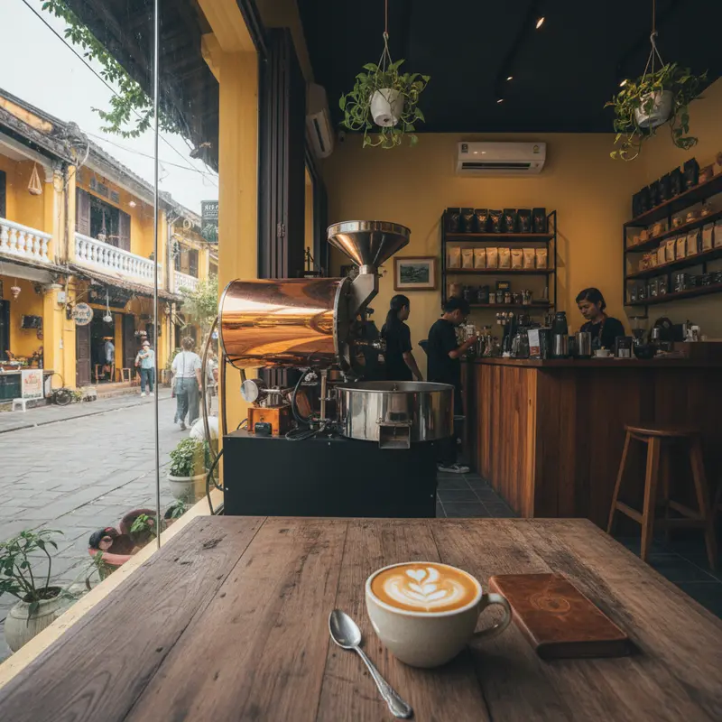 Không gian quán cafe specialty coffee Hội An với máy rang cà phê, cửa sổ kính nhìn ra phố cổ, ánh sáng tự nhiên ban ngày và ly cà phê latte art trên bàn gỗ mộc