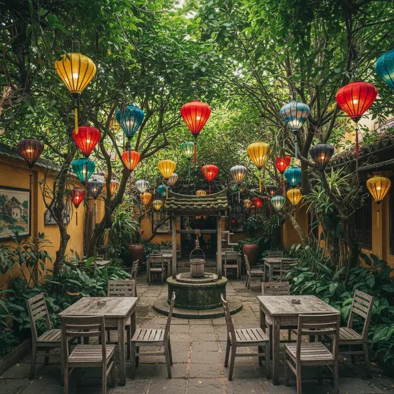 Khu vườn bí mật trong quán cafe Hội An với cây cối xanh mướt, đèn lồng treo giữa tán lá, bàn gỗ cũ và giếng cổ, không gian yên tĩnh hoài cổ