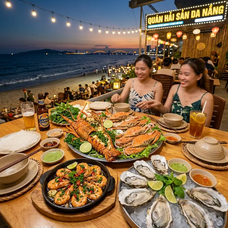 Toàn cảnh khu vực bãi biển Mỹ Khê Đà Nẵng về đêm với hàng loạt quán hải sản tươi sống sáng đèn, khói bốc nghi ngút, thực khách ngồi trên bàn nhựa thưởng thức hải sản tươi ngon