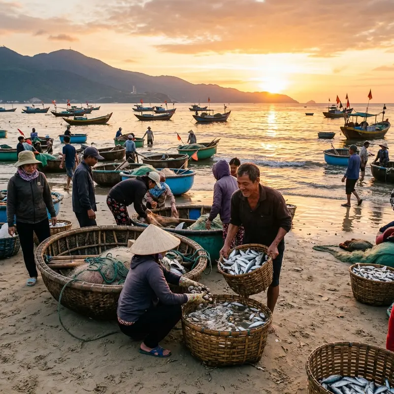 Cảnh chợ cá Thọ Quang Đà Nẵng lúc bình minh, ngư dân đang bốc dỡ cá tươi từ tàu lên bờ, ánh đèn vàng chiếu lên những mẻ cá bạc lấp lánh
