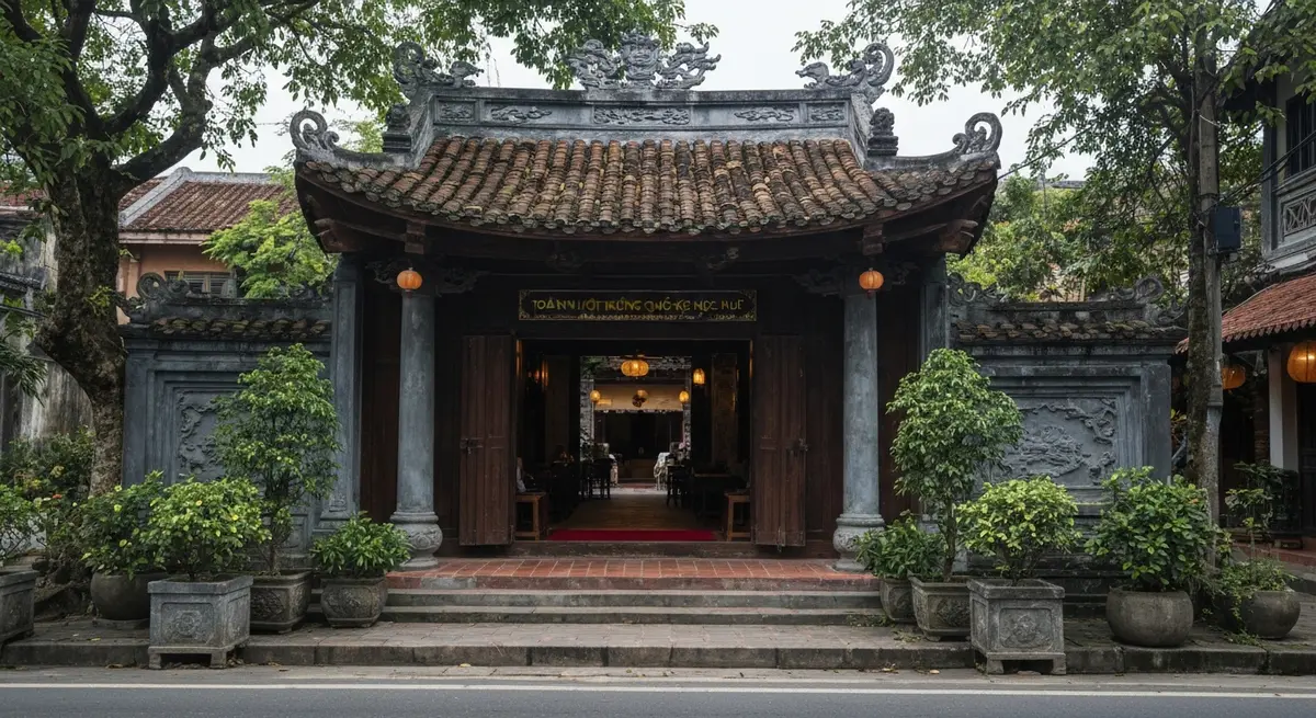 Toàn cảnh mặt tiền Trường Quốc Học Huế nhìn từ phía đường Lê Lợi, tường gạch đỏ rực nổi bật dưới ánh nắng sáng sớm, cổng trường uy nghi với dòng chữ Quốc Học, check-in Trường Quốc Học Huế ngôi trường trăm tuổi sắc đỏ gạch