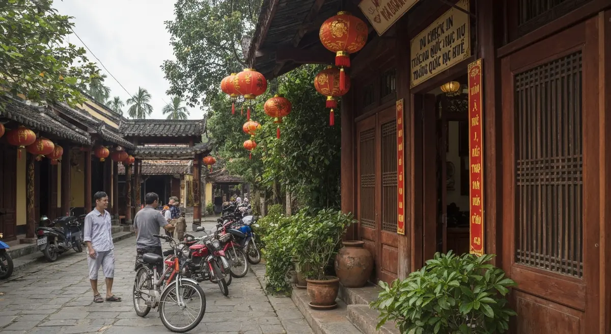 Du khách mặc áo dài truyền thống đứng check-in trước cổng Trường Quốc Học Huế, tường gạch đỏ làm phông nền, ánh sáng vàng buổi sáng, góc chụp ảnh đẹp check-in Trường Quốc Học Huế sắc đỏ gạch trăm năm