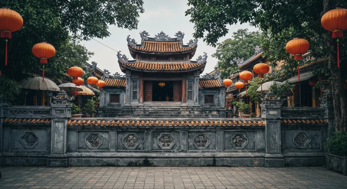 Tô bún bò Huế chuẩn vị với nước dùng đỏ đậm, thịt bò, chả cua, giò heo, rau sống bên cạnh, bối cảnh quán ăn vỉa hè Huế gần Trường Quốc Học, ẩm thực đường phố Huế check-in Trường Quốc Học Huế