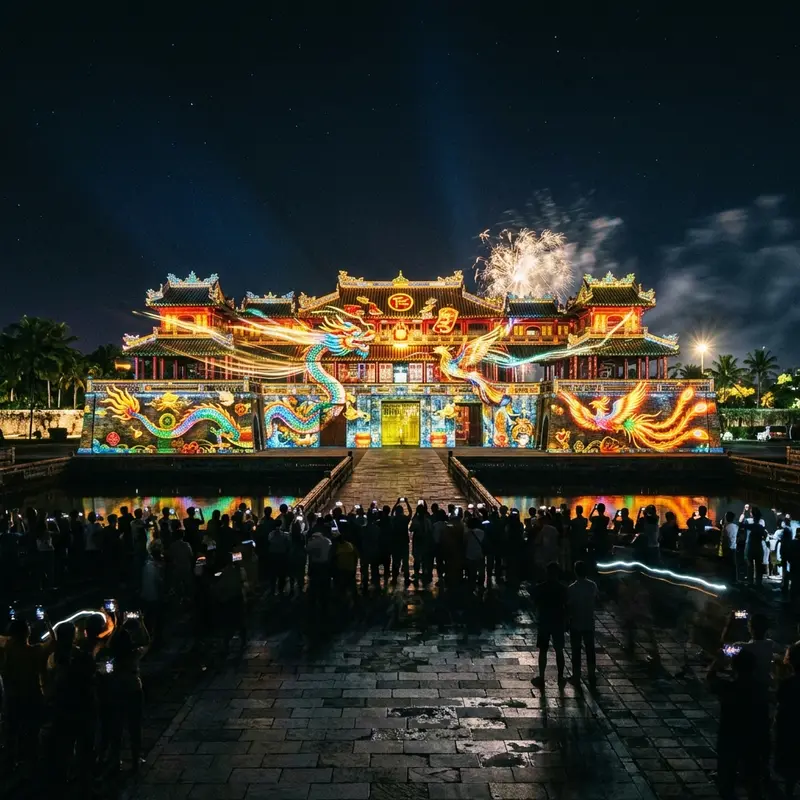 Show 3D Mapping đêm tại VinWonders Nam Hội An — hình ảnh mãn nhãn chiếu trên mặt nước và công trình kiến trúc, khán giả đứng xem đông đảo