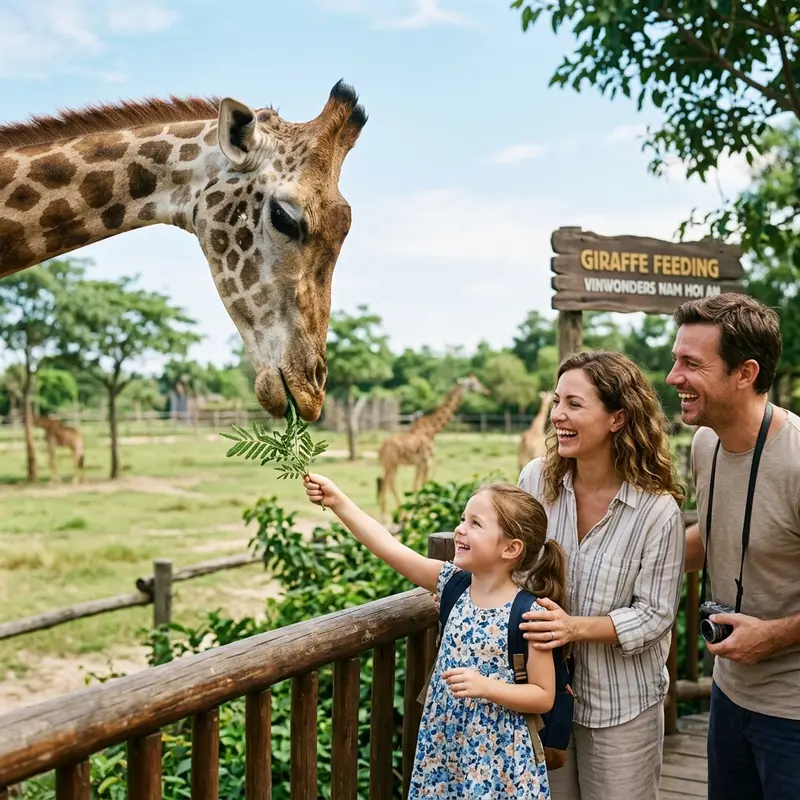 Du khách cho hươu cao cổ ăn tại khu safari mở của VinWonders Nam Hội An, hươu cao cổ vươn cổ đón thức ăn trực tiếp từ tay người