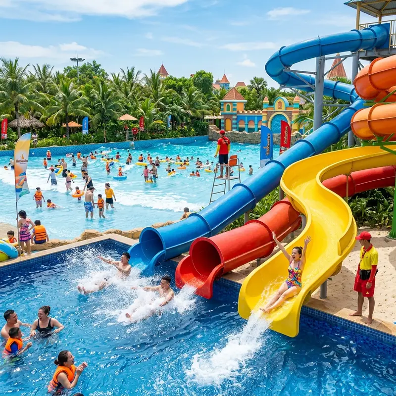 Toàn cảnh công viên nước VinWonders Nam Hội An với các máng trượt cao tốc, hồ sóng nhân tạo và bãi cát trắng dọc theo bờ sông Thu Bồn